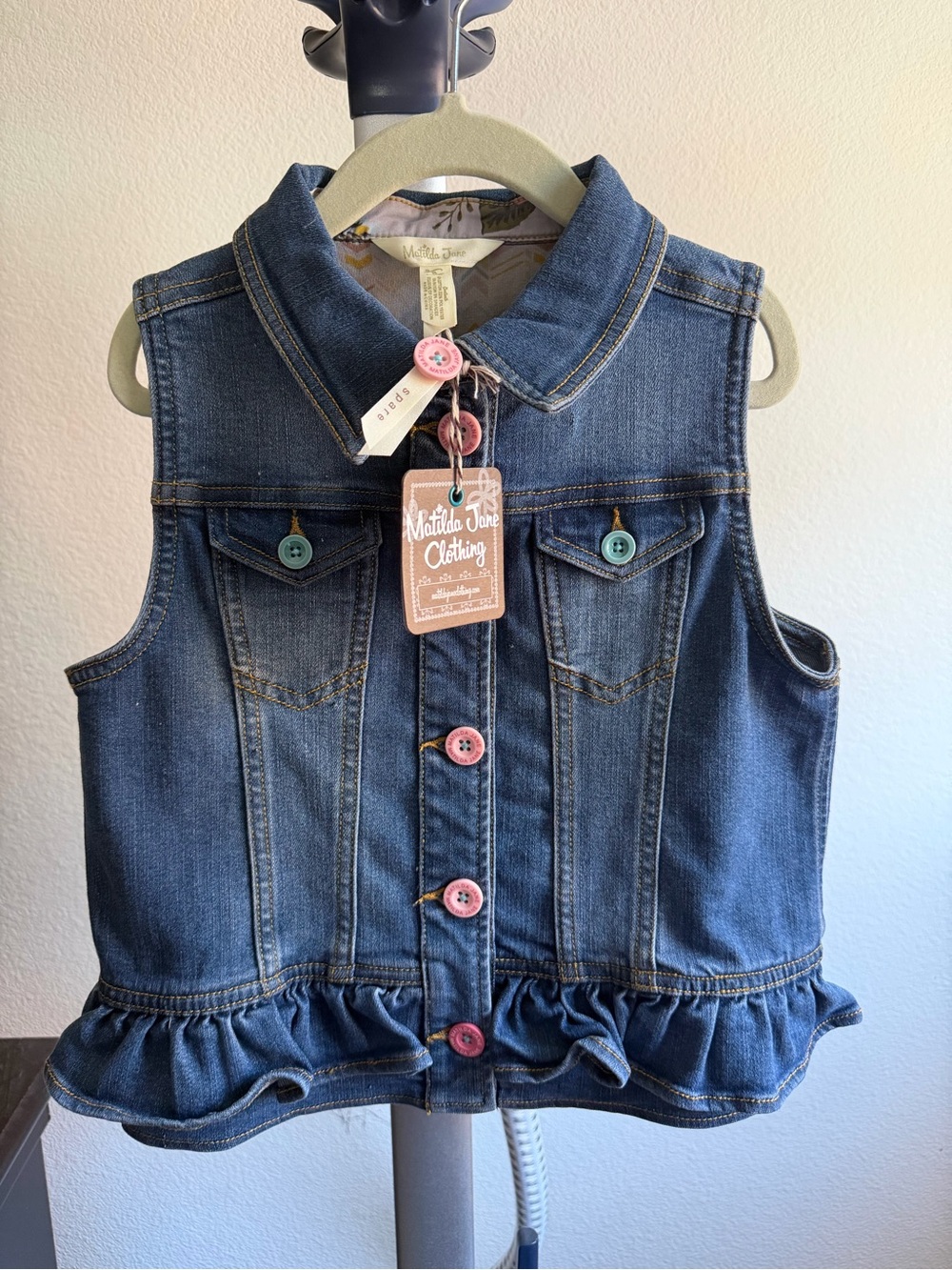 Matilda Jane Dark Blue Denim Ruffled Vest with Colorful Buttons